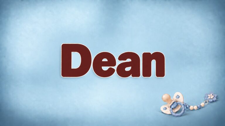Der Vorname Dean in großer bordeauxfarbener Schrift auf blaugrauem Hintergrund mit Schnuller und Schnullerkette.