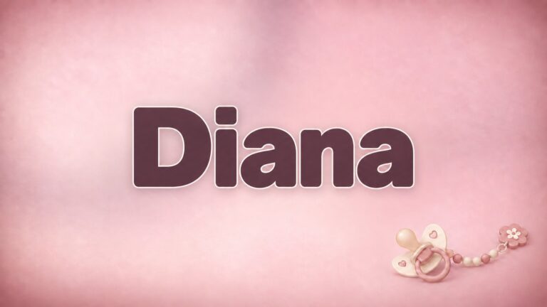Der Vorname Diana in großer bordeauxfarbener Schrift auf altrosafarbenem Hintergrund mit Schnuller und Schnullerkette.