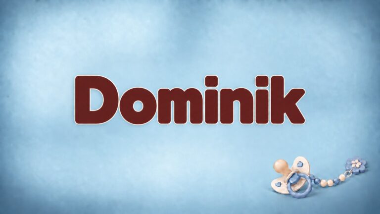 Der Vorname Dominik in großer bordeauxfarbener Schrift auf blaugrauem Hintergrund mit Schnuller und Schnullerkette.