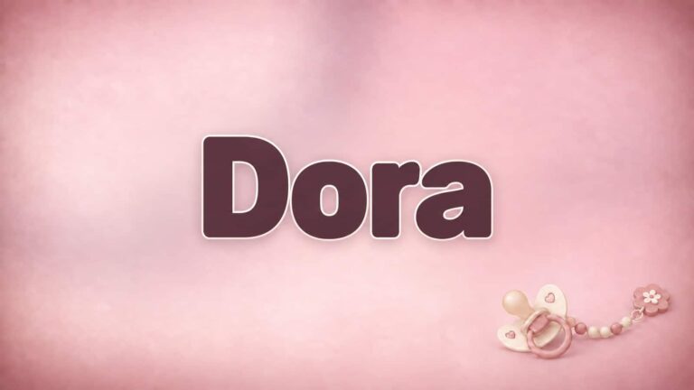 Der Vorname Dora in großer bordeauxfarbener Schrift auf altrosafarbenem Hintergrund mit Schnuller und Schnullerkette.