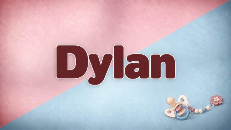 Der Vorname Dylan in großer bordeauxfarbener Schrift auf diagonal geteiltem rosa-blauem Hintergrund mit Schnuller und Schnullerkette.
