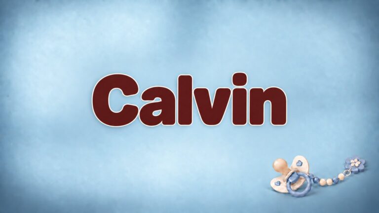 Vorname Calvin in Bordeaux auf blaugrauem Hintergrund mit Schnullerkette