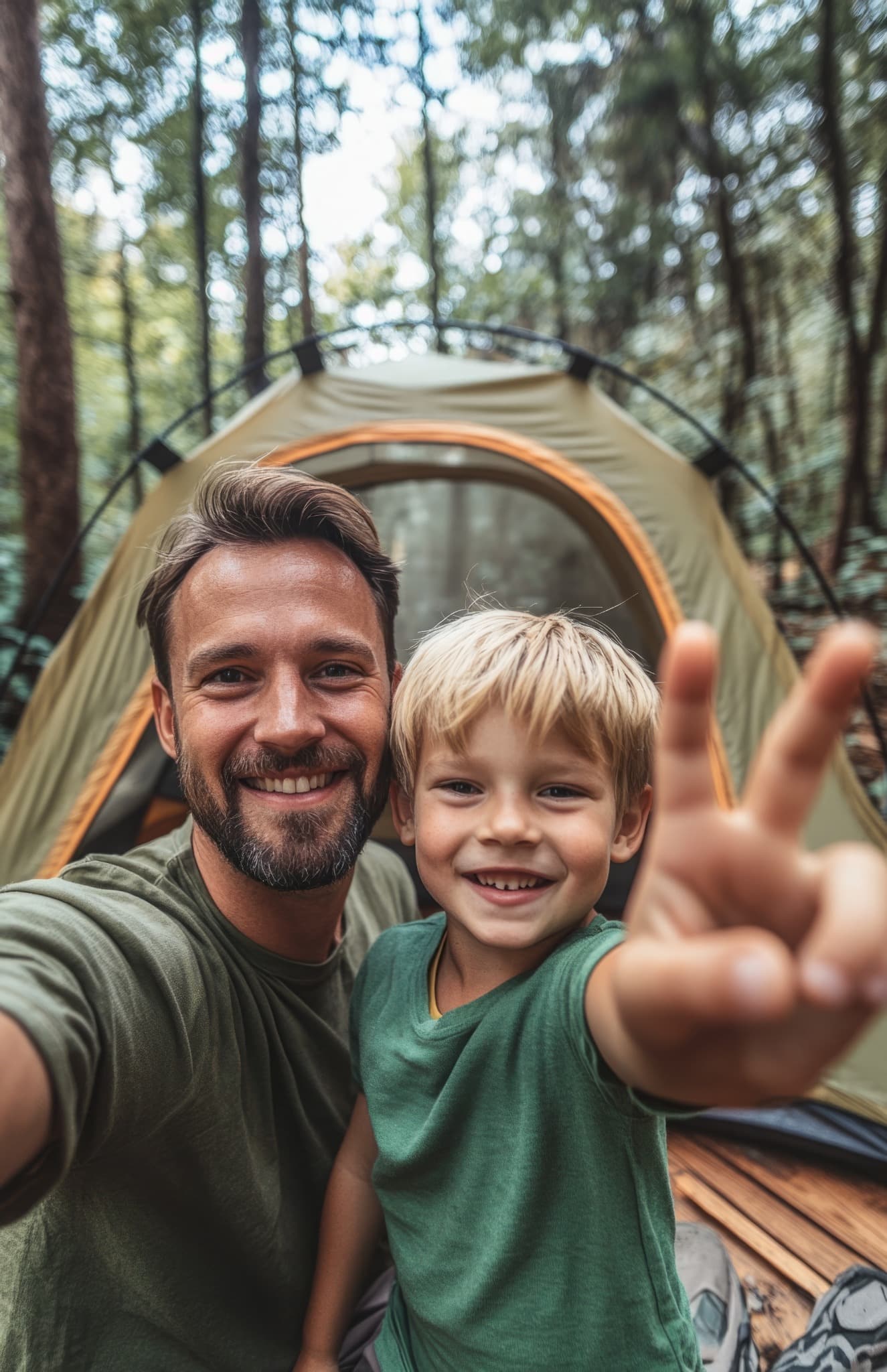 Vater und Kind machen ein gemeinsames Foto vor ihrem Zelt im Wald