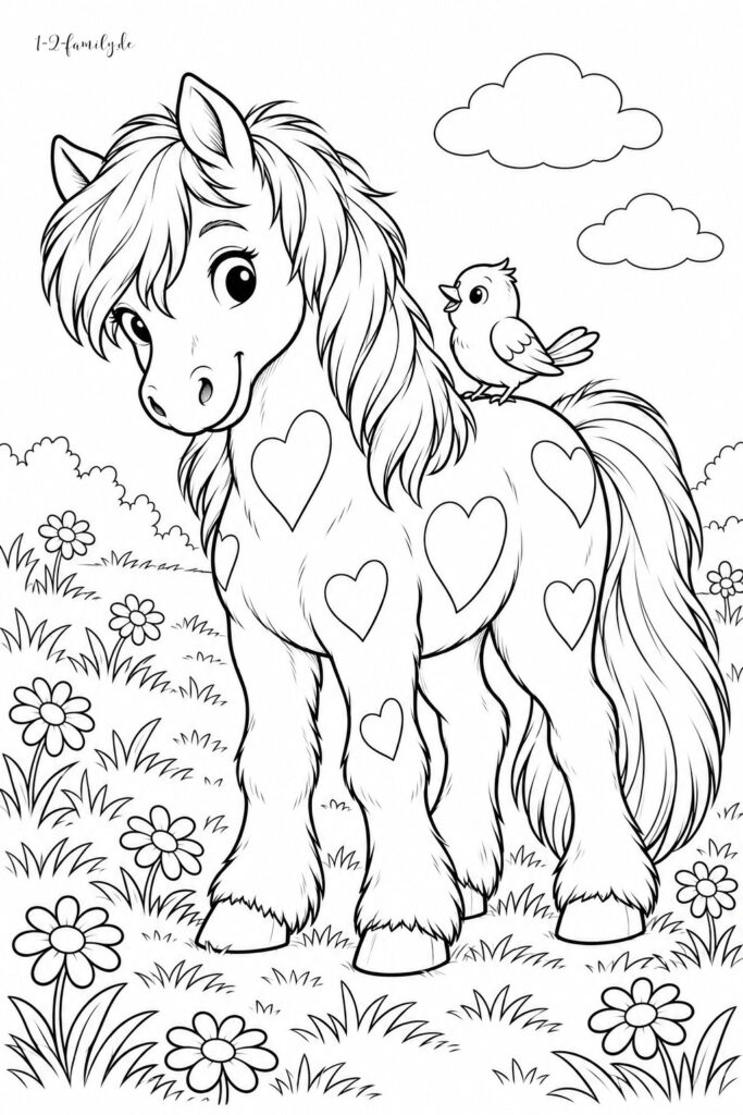 Niedliches Pony-Ausmalbild mit Herzmustern und einem Vogel auf dem Rücken