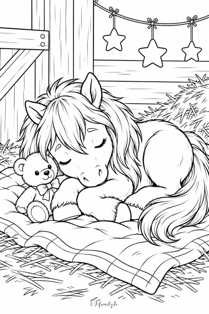 Niedliches Ausmalbild mit einem schlafenden Pony und einem Teddybär