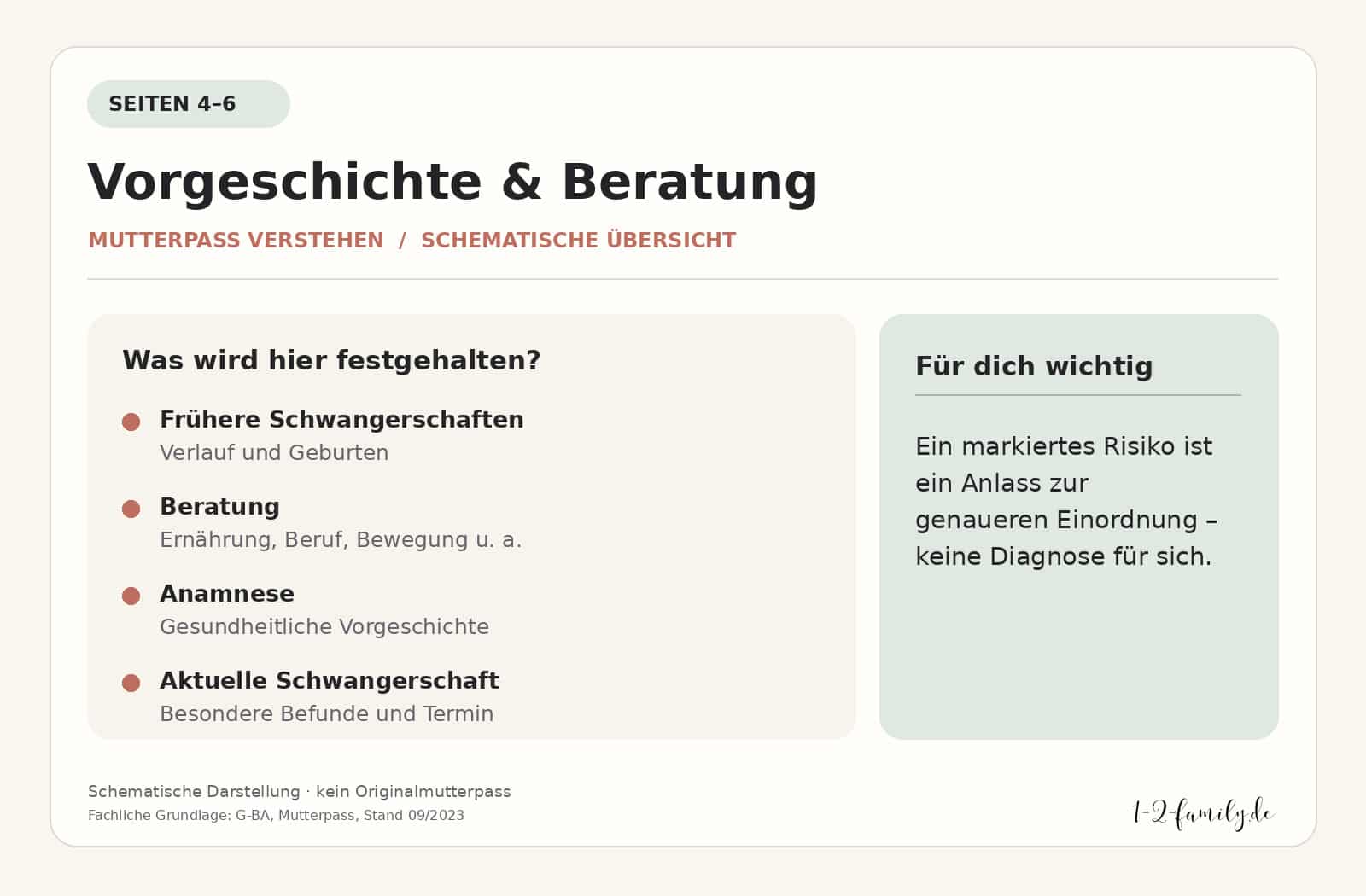 Schematische Übersicht der Mutterpass-Seiten 4 bis 6 mit früheren Schwangerschaften, Anamnese, Beratung und Geburtstermin. Kein Originalmutterpass.