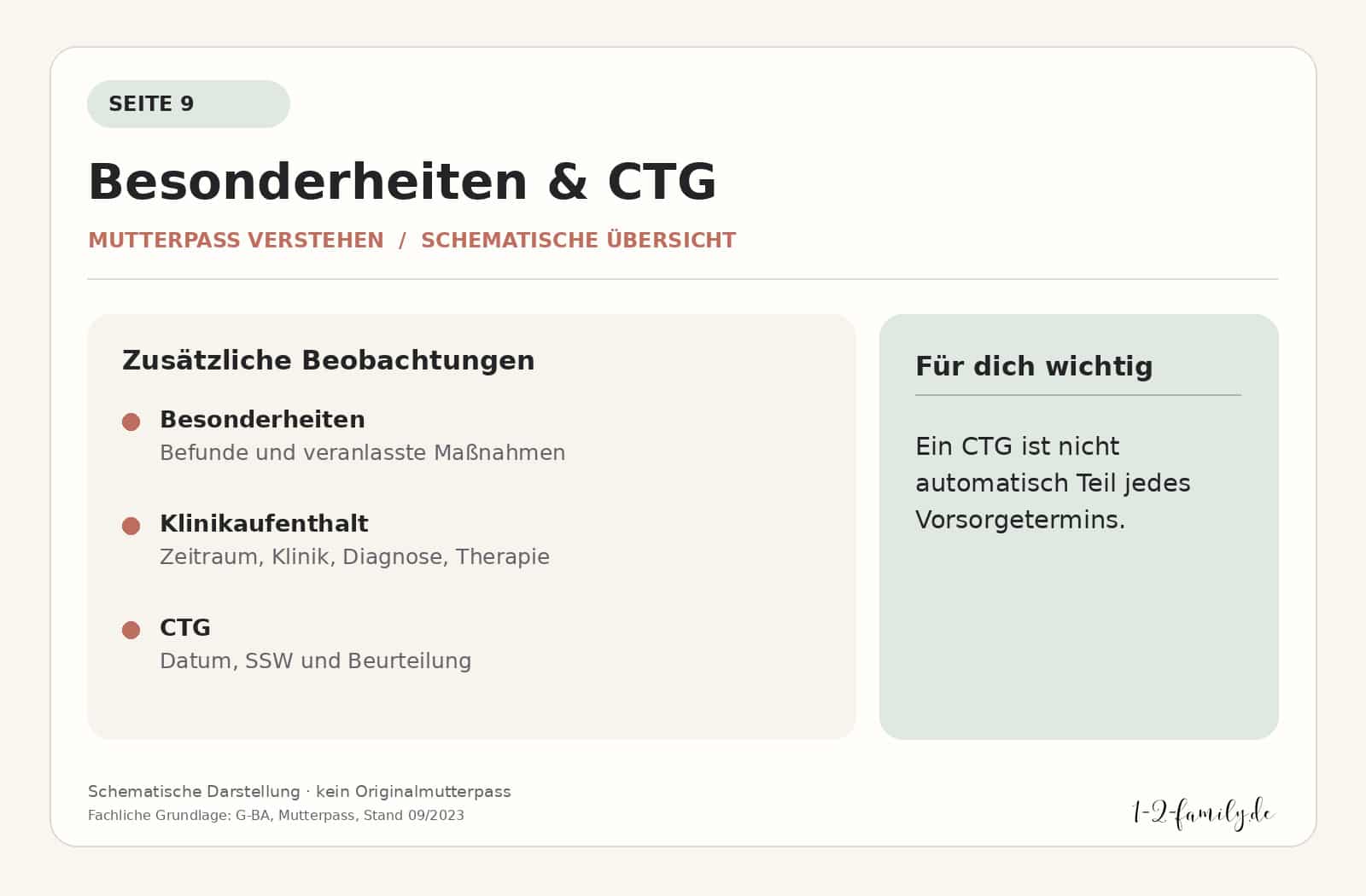 Schematische Übersicht der Mutterpass-Seite 9 mit Besonderheiten, Klinikaufenthalten und CTG. Kein Originalmutterpass.
