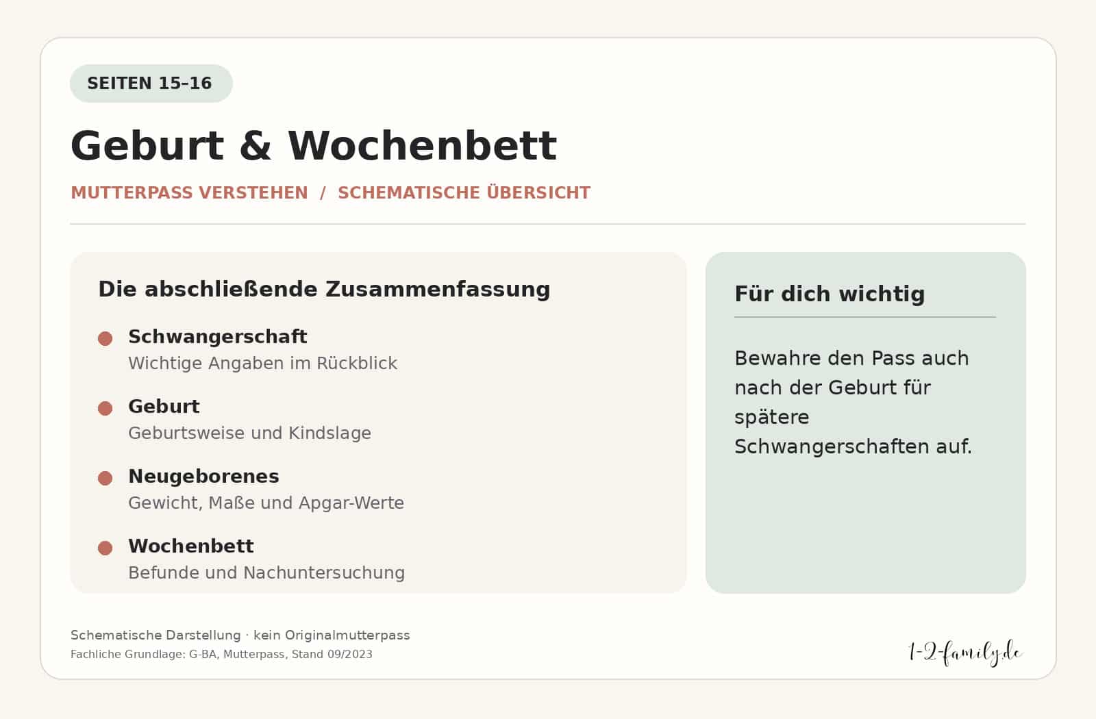Schematische Übersicht der Mutterpass-Seiten 15 und 16 mit Geburt, Neugeborenem und Wochenbett. Kein Originalmutterpass.