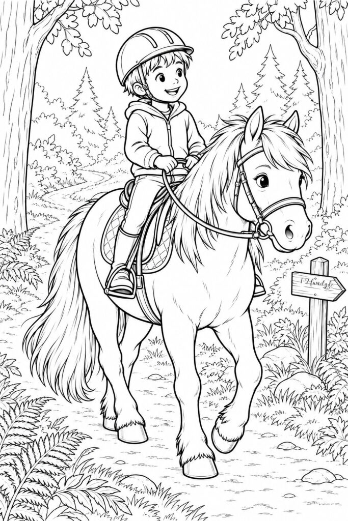 Pferde-Ausmalbild mit einem Kind auf einem Pferd und einem Wegweiser im Wald