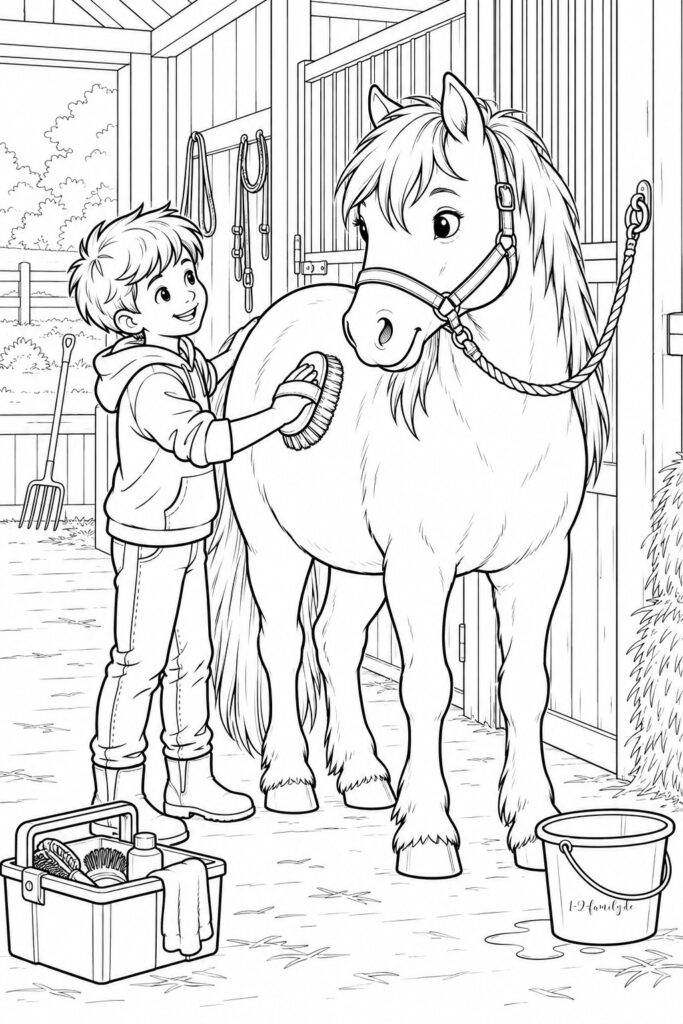 Pferde-Ausmalbild mit einem Jungen, der ein Pferd vor dem Stall putzt