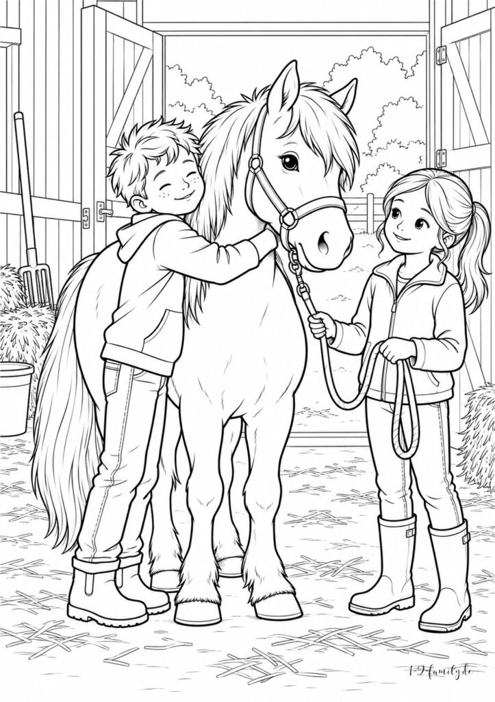 Pferde-Ausmalbild mit zwei Kindern, die ein Pony im Stall umarmen