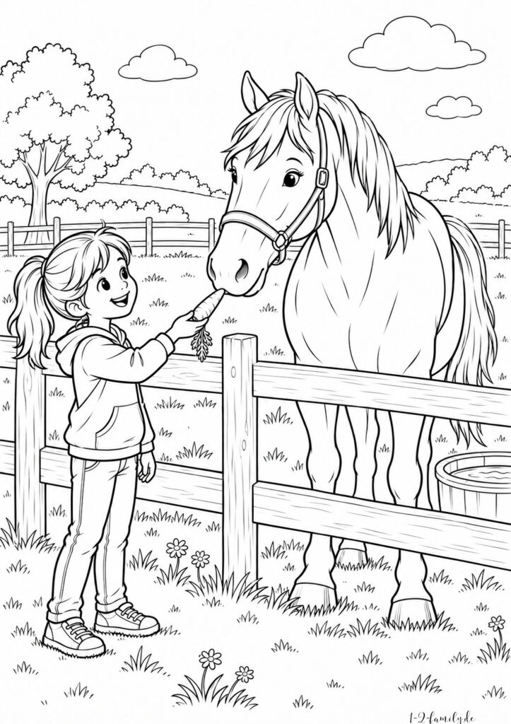Pferde-Ausmalbild mit einem Mädchen, das ein Pferd an der Weide füttert