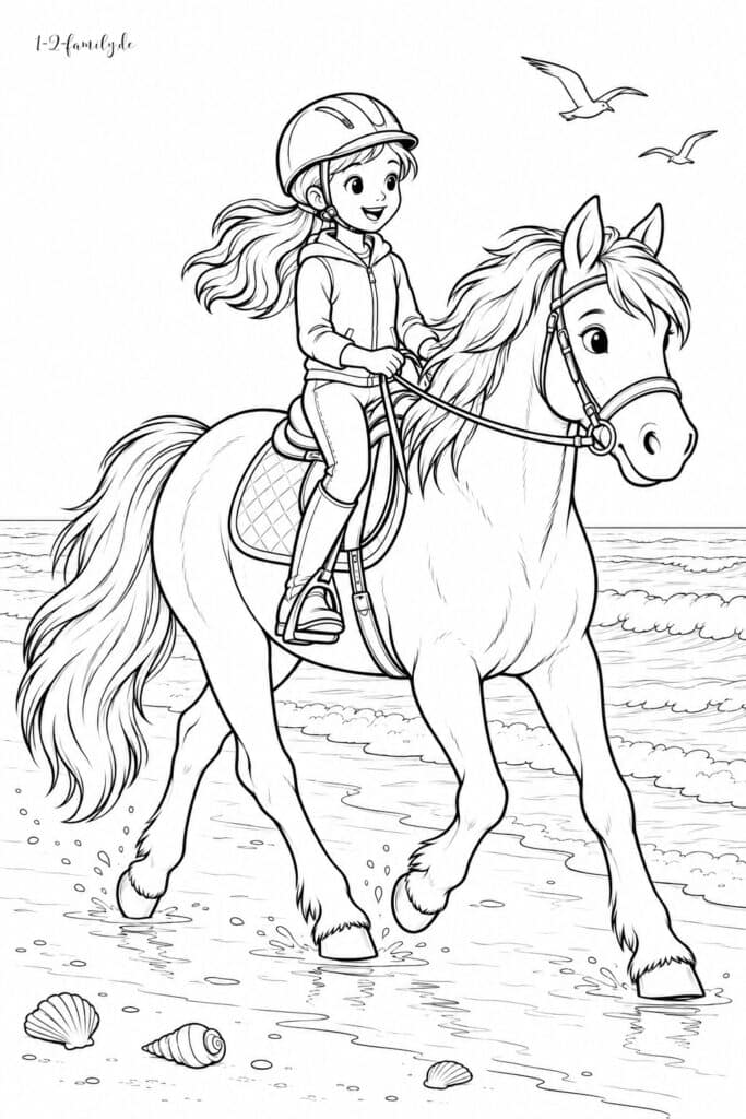 Pferde-Ausmalbild mit einem Mädchen auf einem Pferd am Strand