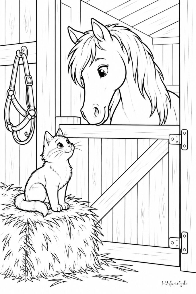 Pferde-Ausmalbild mit einem Pferd und einer Katze an einer Stalltür