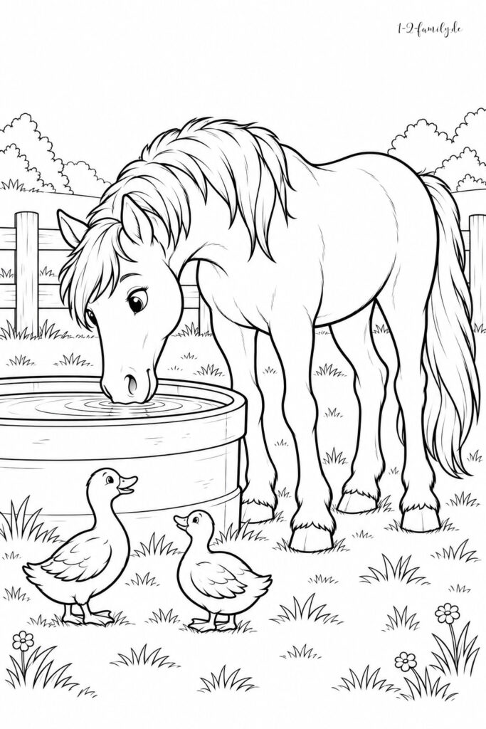Pferde-Ausmalbild mit einem trinkenden Pferd und zwei Enten am Wassertrog