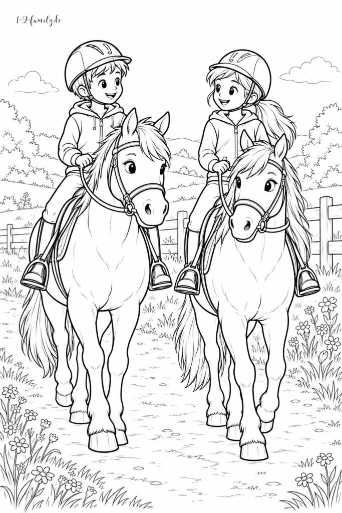 Pferde-Ausmalbild mit zwei Kindern, die gemeinsam auf Pferden reiten