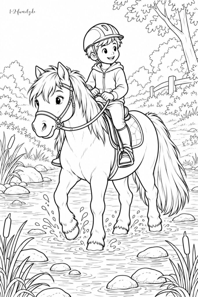 Pferde-Ausmalbild mit einem Kind auf einem Pony, das durch einen Bach läuft
