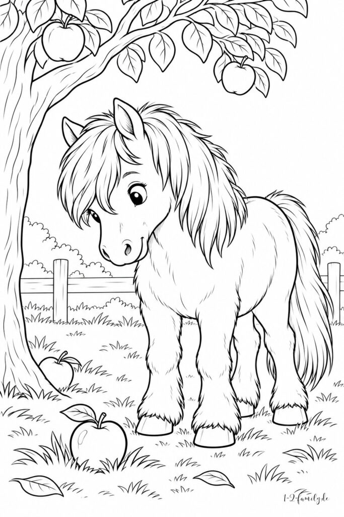 Pony-Ausmalbild mit einem kleinen Pony und einem Apfel unter einem Baum