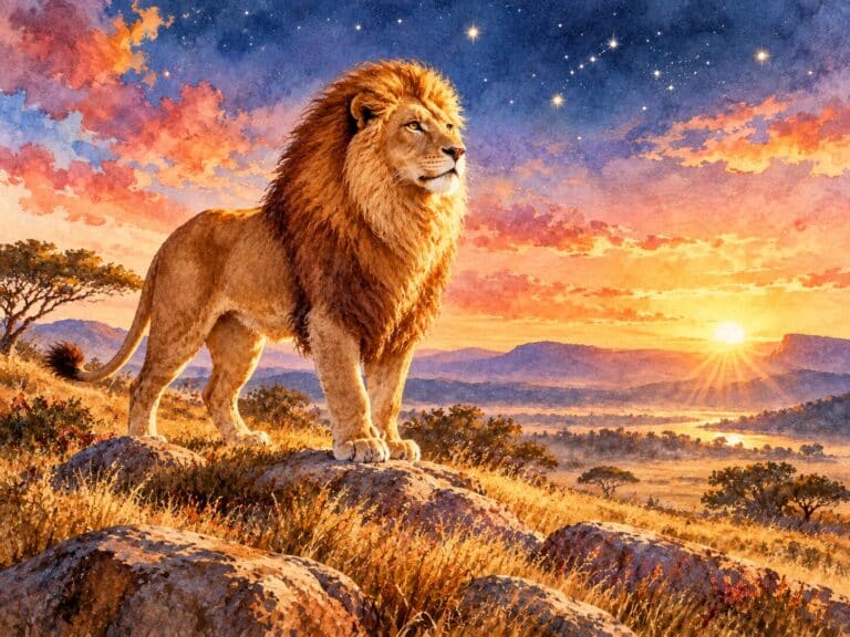 Tageshoroskop Löwe für morgen – Löwe in einer leuchtenden Aquarelllandschaft