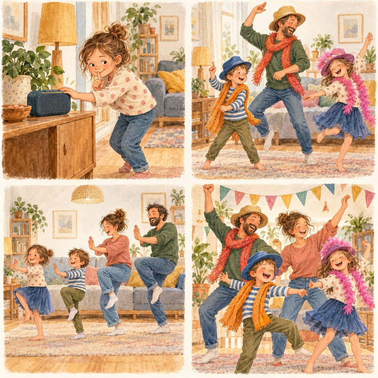 Vier Aquarellszenen: Kinder wählen Musik, tanzen mit Accessoires, zeigen Schritte und feiern gemeinsam