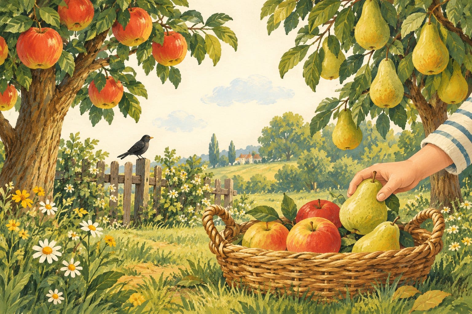 Gezeichnete Obstbäume, ein Obstkorb und ein Vogel am Gartenzaun