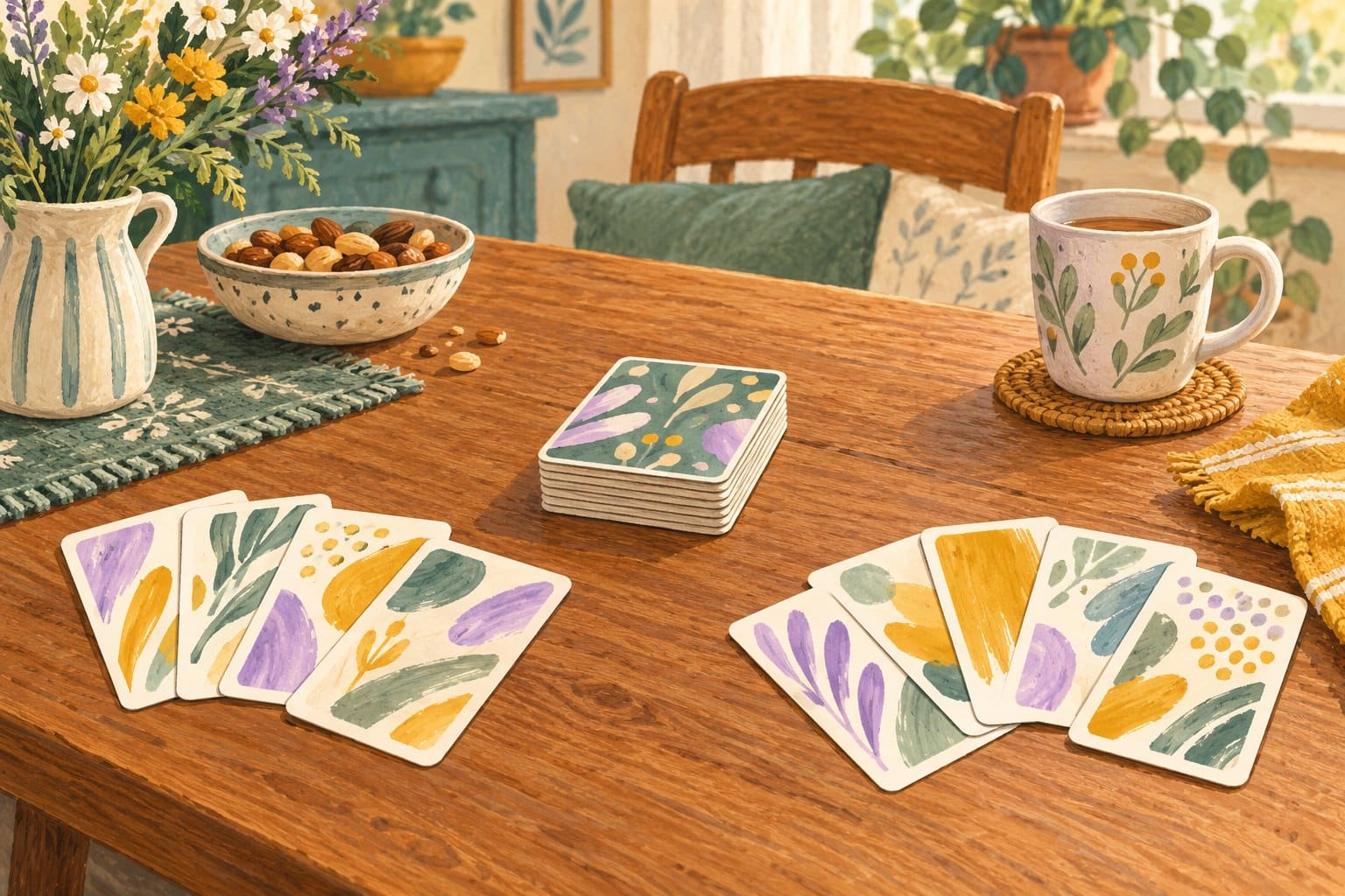 Gezeichnete Spielkarten mit abstrakten Pflanzenmustern auf einem Holztisch