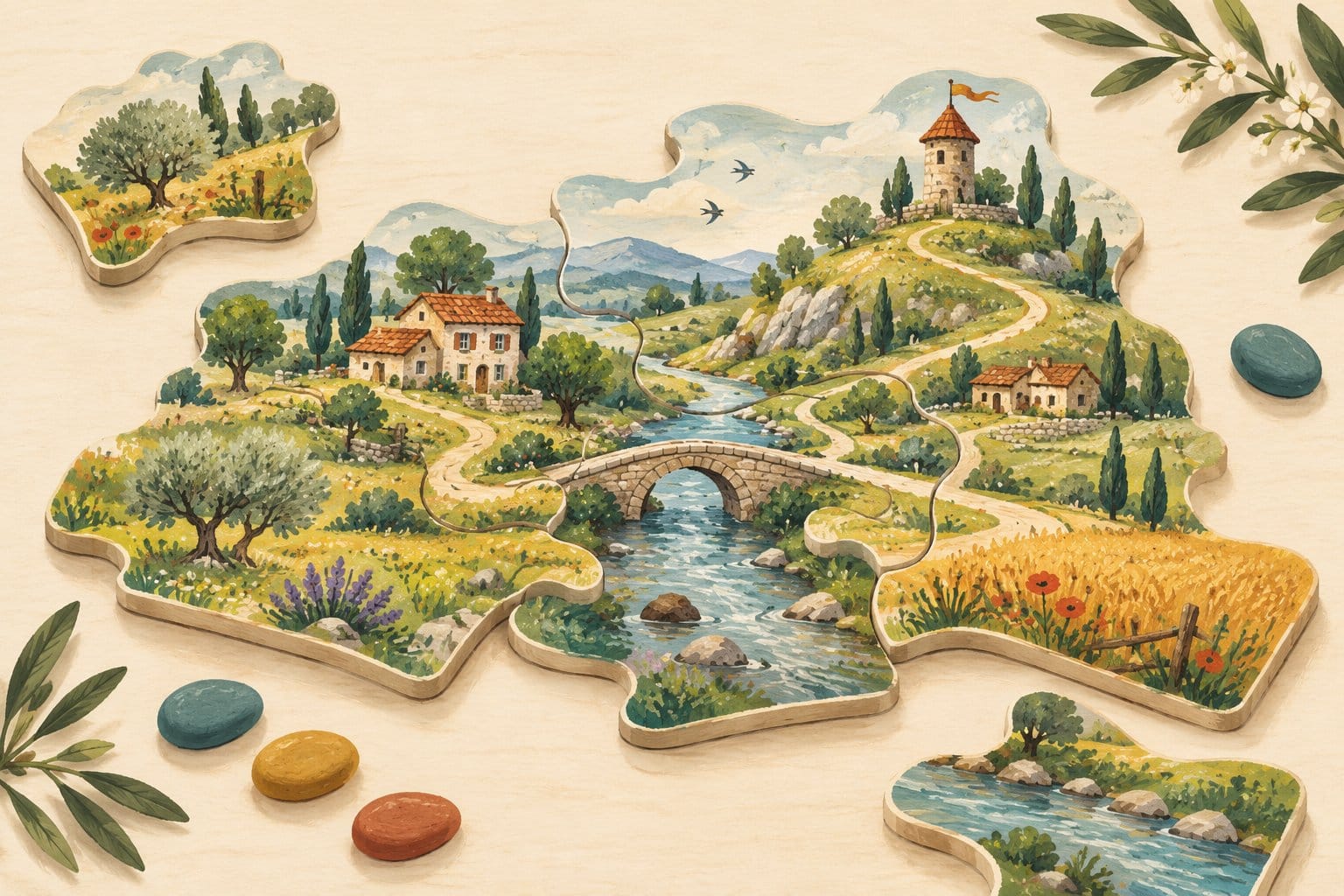 Gezeichnete Landschaft auf frei geformten Puzzleteilen mit Häusern, Wegen und einer Brücke
