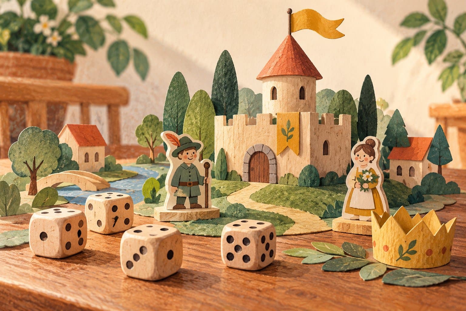 Gezeichnete Würfel vor einer kleinen Burg mit Papierfiguren und einer Krone