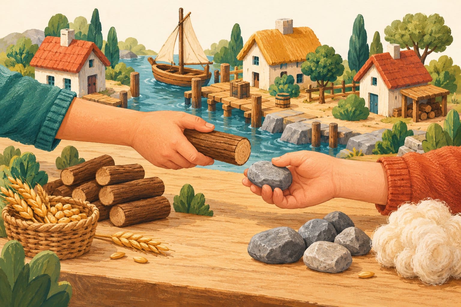 Gezeichnete Hände tauschen Holz und Stein vor einem kleinen Hafendorf