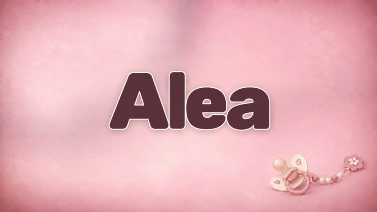 Vorname Alea in bordeauxfarbener Schrift auf altrosa Hintergrund mit Schnuller und Schnullerkette