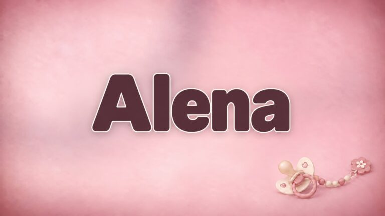 Vorname Alena in bordeauxfarbener Schrift auf altrosa Hintergrund mit Schnuller und Schnullerkette