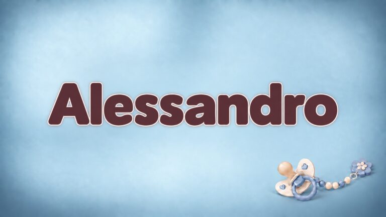 Vorname Alessandro in bordeauxfarbener Schrift auf blaugrauem Hintergrund mit Schnullerkette