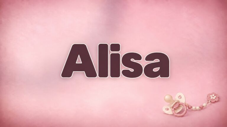 Vorname Alisa in bordeauxfarbener Schrift auf altrosa Hintergrund mit Schnuller und Schnullerkette
