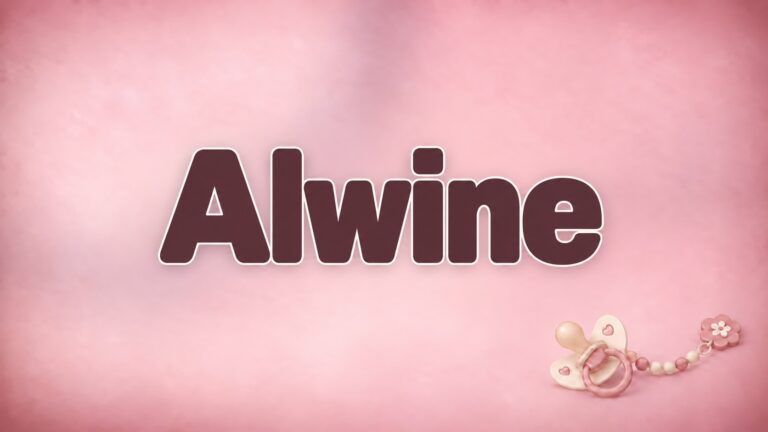 Vorname Alwine in bordeauxfarbener Schrift auf altrosa Hintergrund mit Schnuller und Schnullerkette