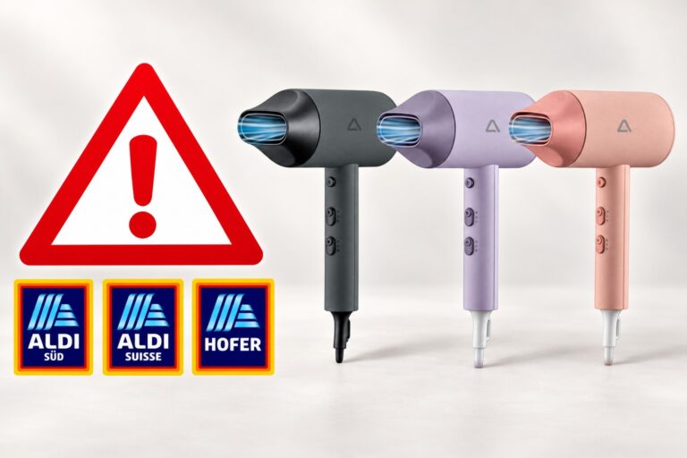 Drei Ambiano-Haartrockner mit rotem Warnzeichen und den Logos von ALDI SÜD, ALDI SUISSE und HOFER