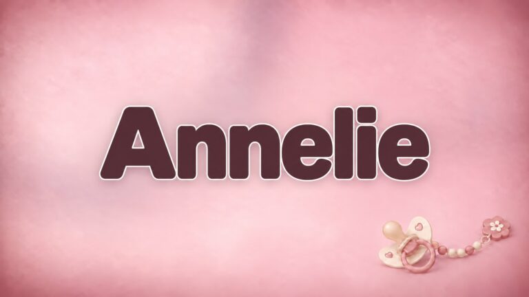 Vorname Annelie in bordeauxfarbener Schrift auf altrosa Hintergrund mit Schnuller und Schnullerkette