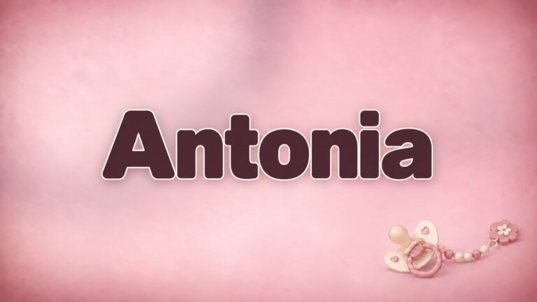 Vorname Antonia in bordeauxfarbener Schrift auf altrosa Hintergrund mit Schnuller und Schnullerkette