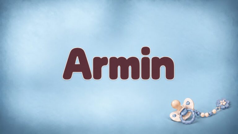 Vorname Armin in dunkelroter Schrift auf blaugrauem Hintergrund mit Schnullerkette