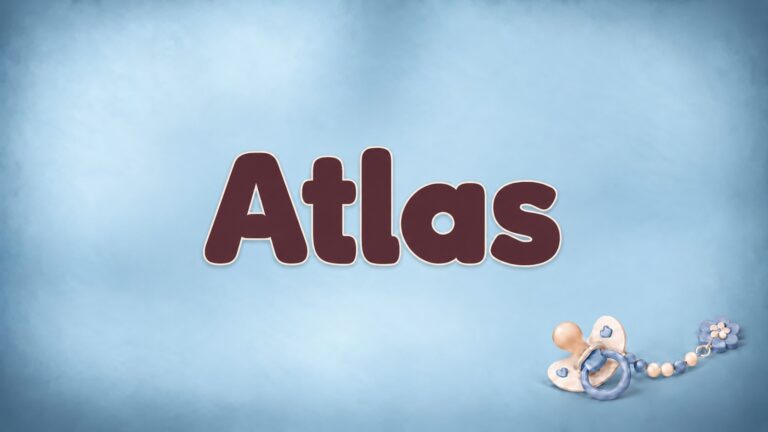 Vorname Atlas in dunkelroter Schrift auf blaugrauem Hintergrund mit Schnullerkette