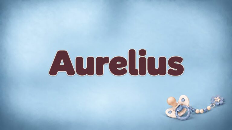 Vorname Aurelius in dunkelroter Schrift auf blaugrauem Hintergrund mit Schnullerkette