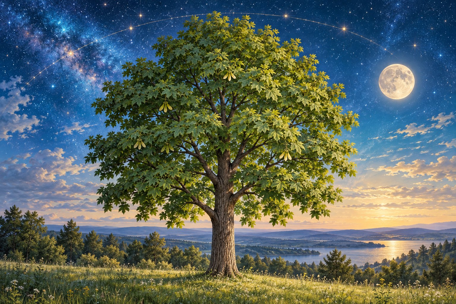 Gezeichneter Spitzahorn mit deutlich spitz gelappten grünen Blättern unter einem Sternenhimmel.