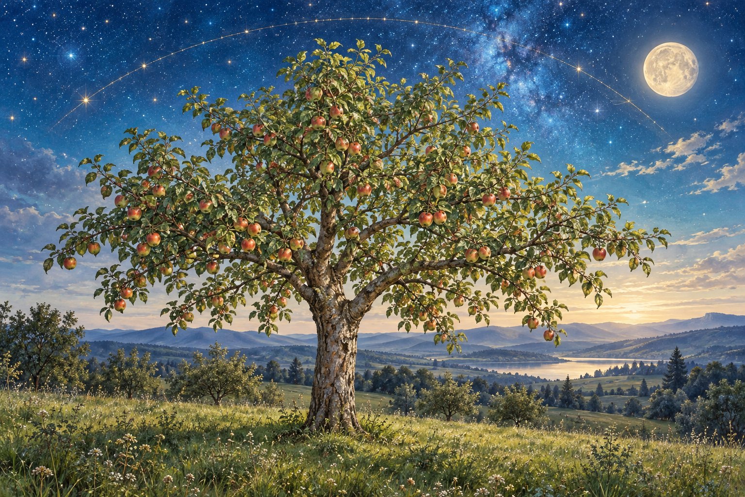 Gezeichneter Apfelbaum mit runder Krone und reifen Äpfeln vor einem leuchtenden Sternenhimmel.