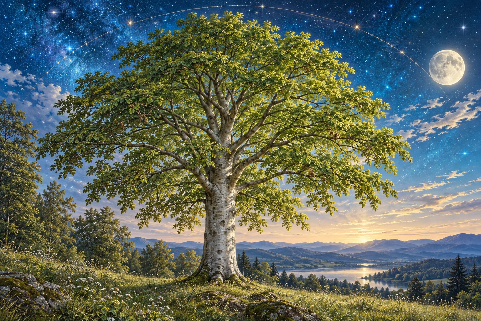 Gezeichnete Rotbuche mit glatter silbergrauer Rinde und breiter Laubkrone vor einem Sternenhimmel.