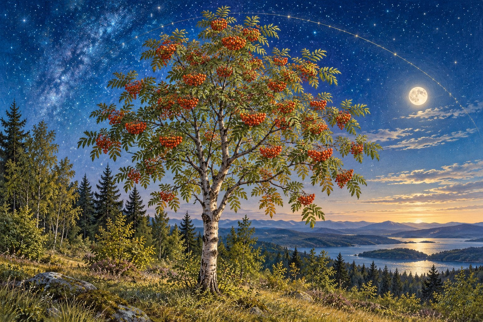 Gezeichnete Eberesche mit gefiederten Blättern und orange-roten Beerendolden vor einem Sternenhimmel.
