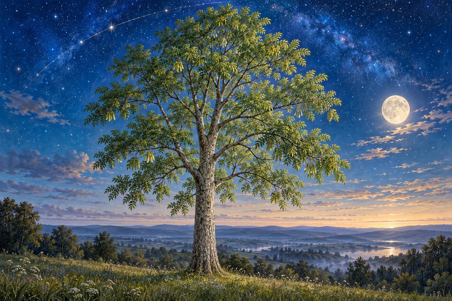 Gezeichnete Esche mit hohem Stamm, luftiger Krone und gefiederten Blättern vor einem Sternenhimmel.