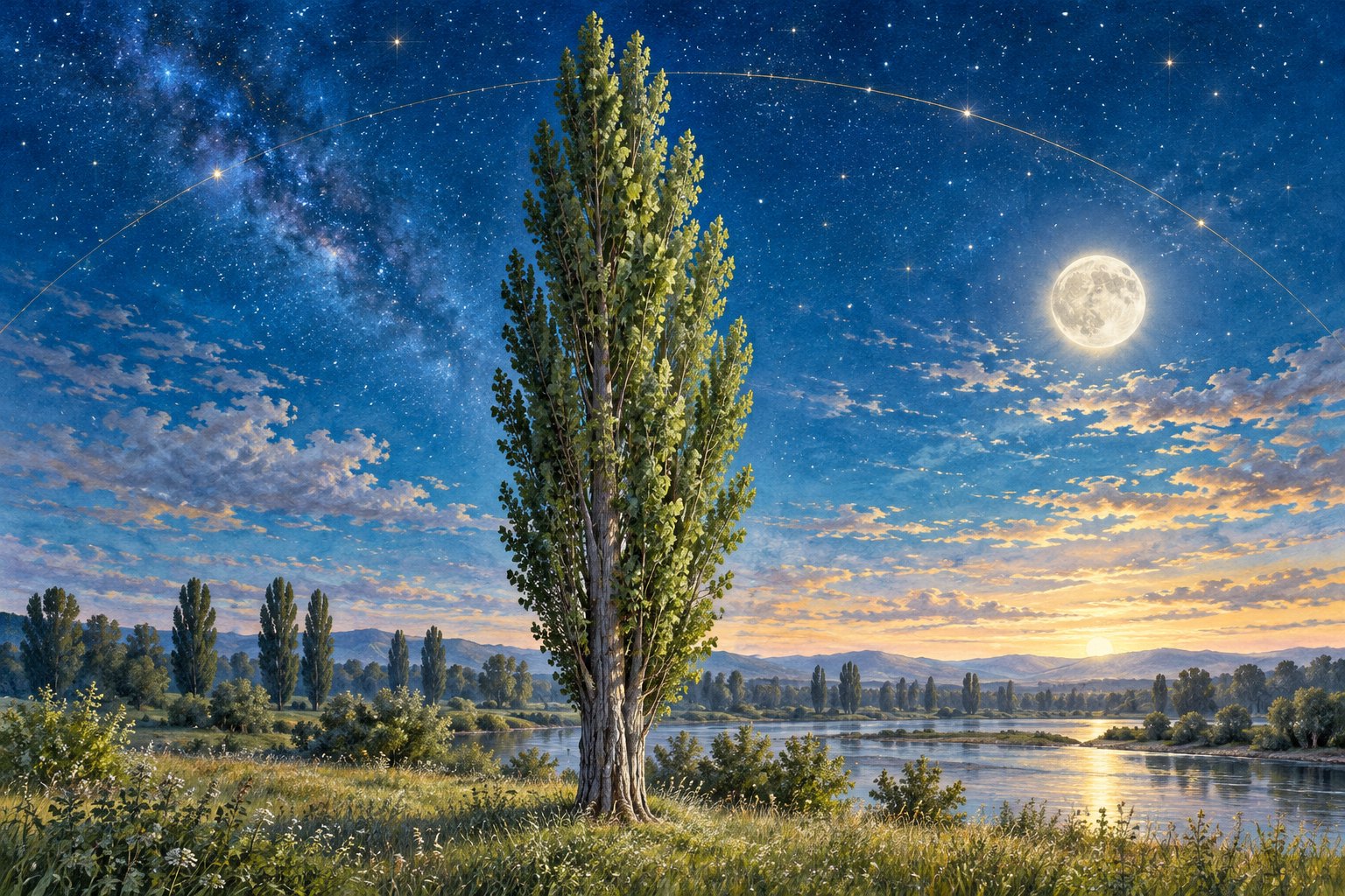 Gezeichnete Säulenpappel mit aufstrebenden Zweigen und schmaler Laubkrone vor einem Sternenhimmel.
