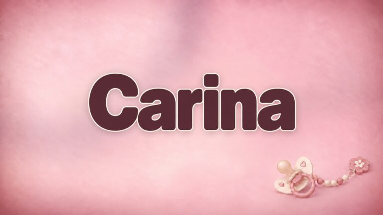 Vorname Carina in dunkelroter Schrift auf rosafarbenem Hintergrund mit Schnullerkette