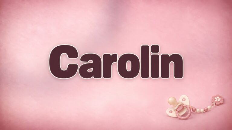 Vorname Carolin in dunkelroter Schrift auf rosafarbenem Hintergrund mit Schnullerkette