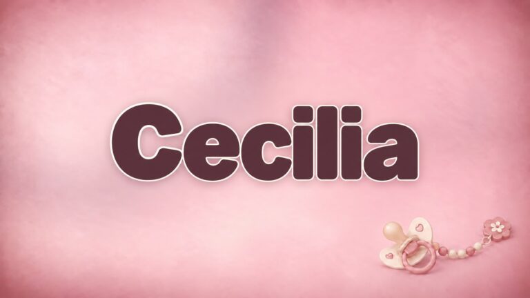 Vorname Cecilia in dunkelroter Schrift auf rosafarbenem Hintergrund mit Schnullerkette
