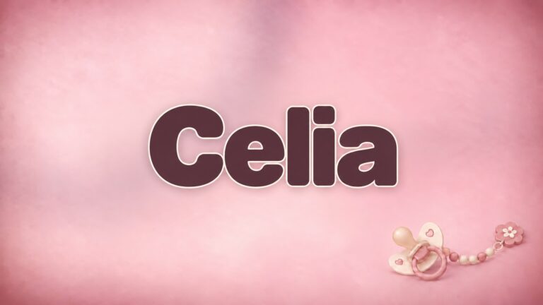 Vorname Celia in dunkelroter Schrift auf rosafarbenem Hintergrund mit Schnullerkette